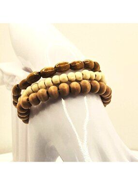 Boho Wood Bead Bracelet Stack for Men & Women, Neutral Earth Tone Bracelet Set